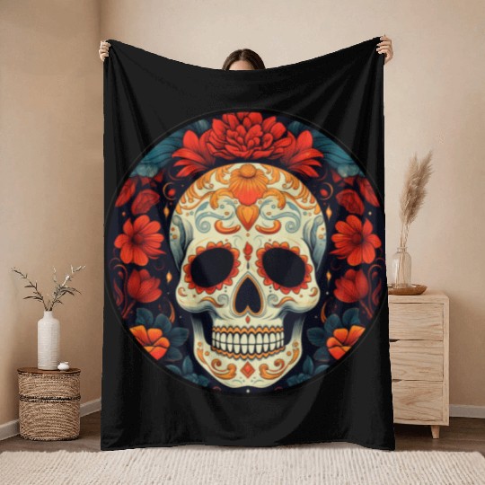 Black Colorful Dia De Los Muertos Throw Blankets