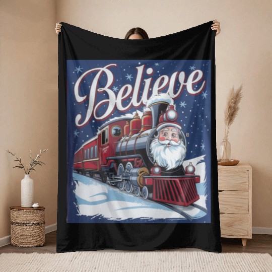 Believe Train North Pole Xmas Santa Claus Christma Throw Blankets