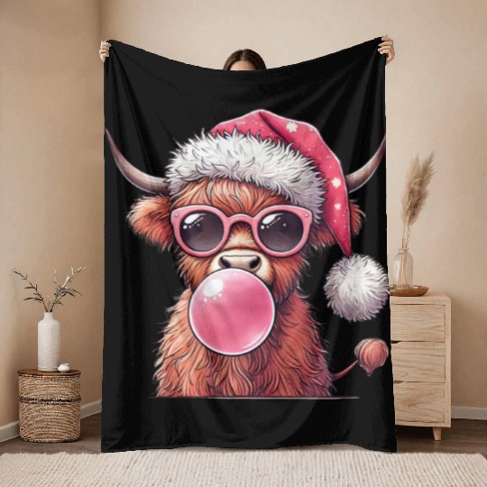 Highland Cow, Merry Christmas Throw Blankets