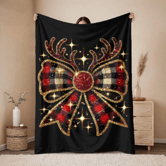 Christmas Reindeer Bow, Merry Christmas Throw Blankets