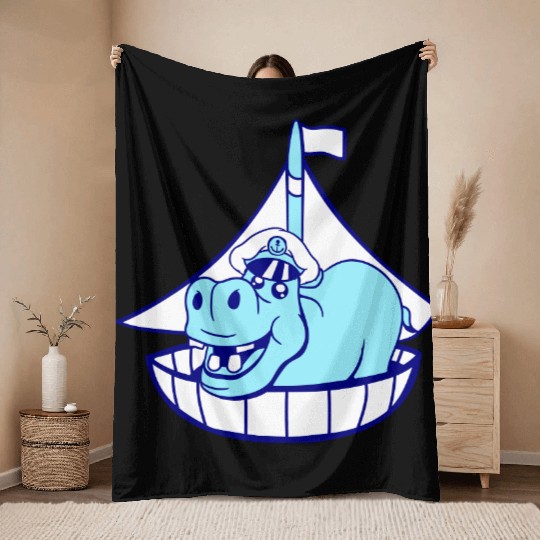 Funny Hippo Old Captain Sails Cute Cartoon Comic Throw Blankets