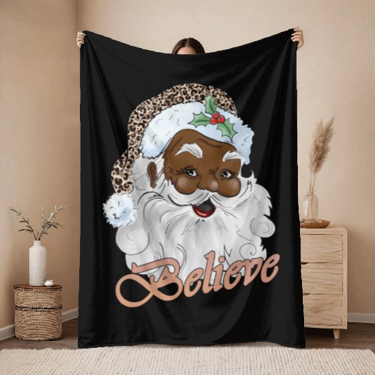 Black Santa, Merry Christmas Throw Blankets