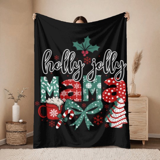 Holly Jolly Mama Coquette Bow Christmas Throw Blankets