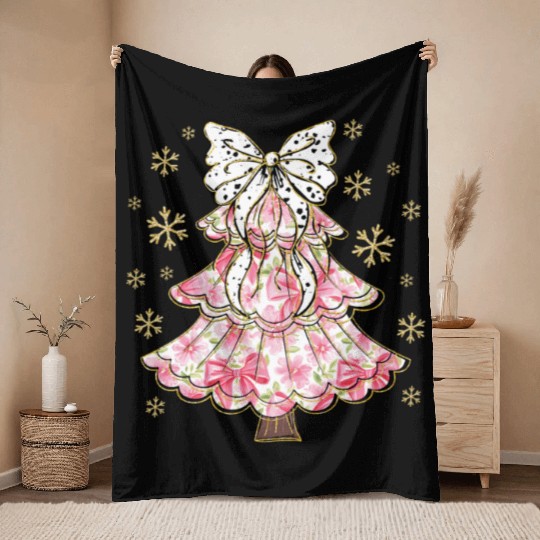 Preppy Pink Coquette Bow Xmas Tree Throw Blankets