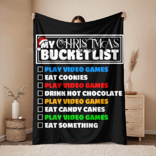 Christmas Bucket List Video Games Xmas Gamer Throw Blankets
