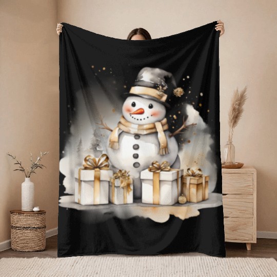 Black Gold Snowman, Merry Christmas Throw Blankets