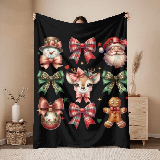 Christmas Coquette Bow Retro Christmas Throw Blankets