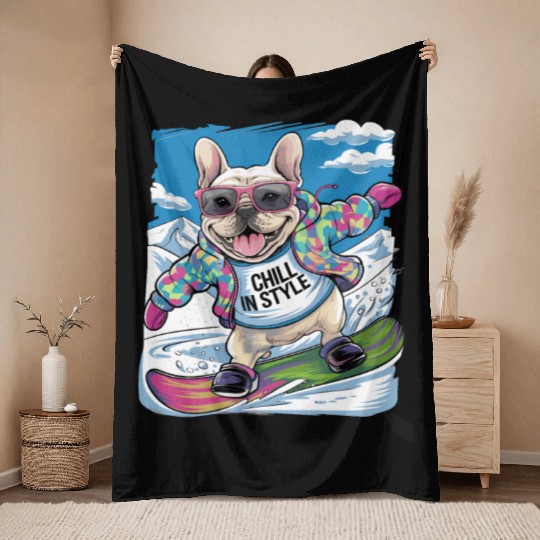 French Bulldog Snowboard Skiing for French Throw Blankets