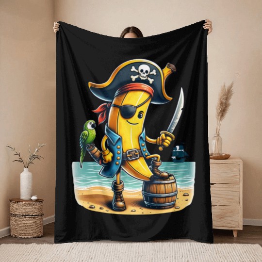 Pirate Banana Adventure Vibe on Tropical Beach Throw Blankets