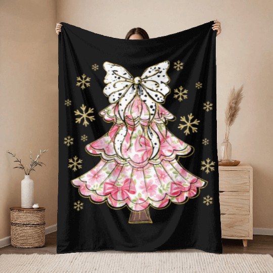 Preppy Pink Coquette Bow Xmas Tree Throw Blankets