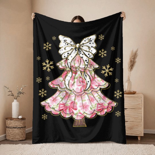 Preppy Pink Coquette Bow Xmas Tree Throw Blankets