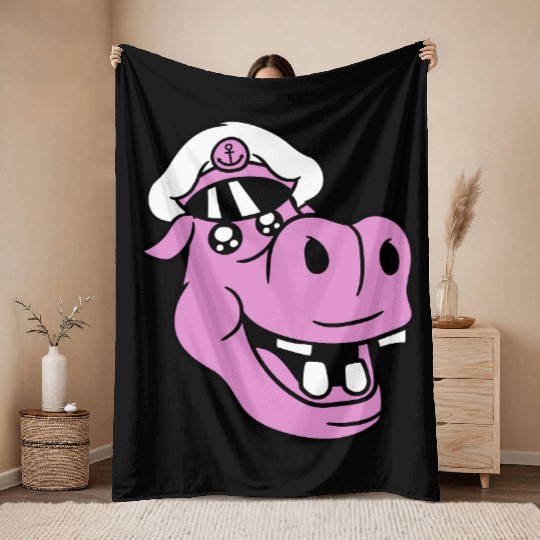 Old Hippo Captain Face Funny Cute Cartoon Comic Throw Blankets