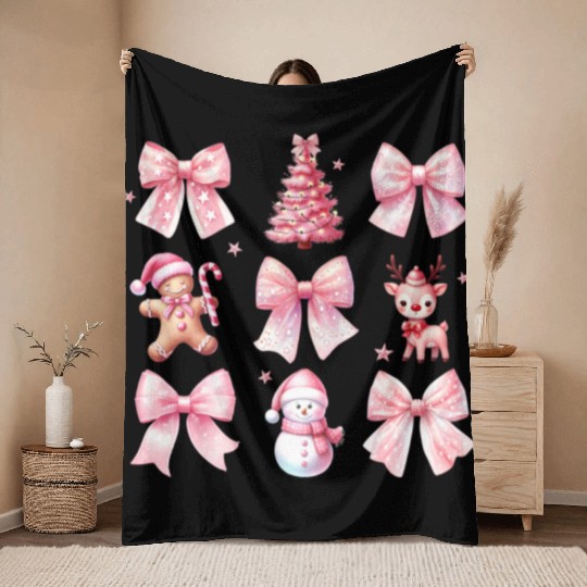 Chrirstmas Pink Bow Throw Blankets