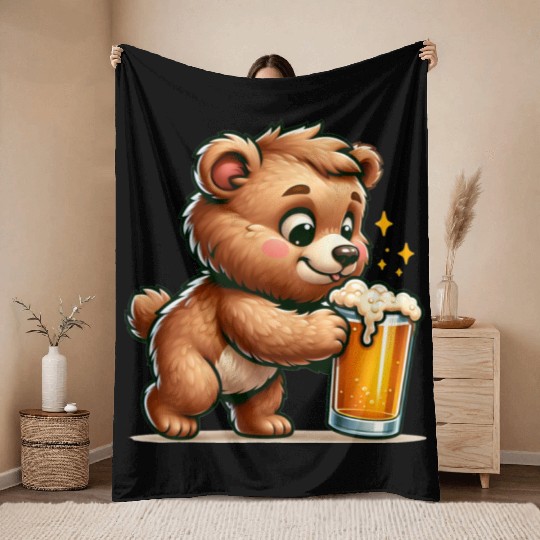 Cute Bear Drinking Beer Throw Blankets