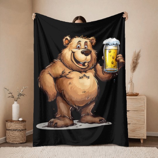 Cute Bear Drinking Beer 2 Throw Blankets
