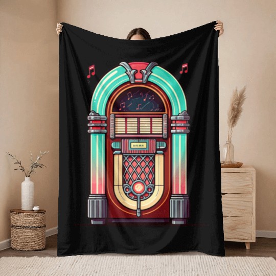 Retro Neon Jukebox Design Throw Blankets