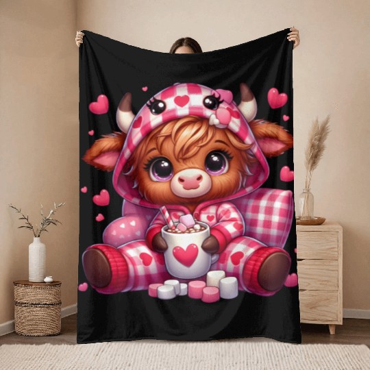 Cute cartoon valentines highland cow Throw Blankets