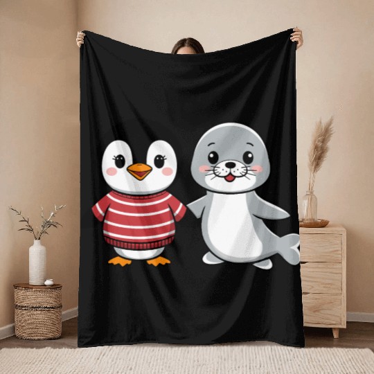 Penguin and Seal Friends holding hands Throw Blankets