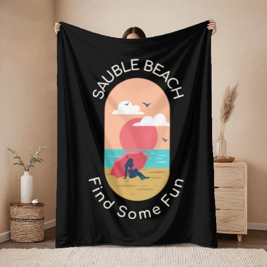 Sauble Beach Fun - Girl on Beach Throw Blankets