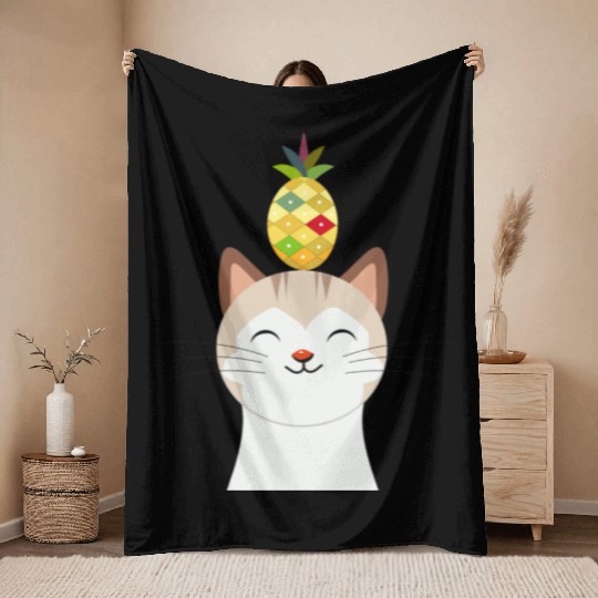 Happy Cat with Pineapple - Tropical Animal Design Throw Blankets