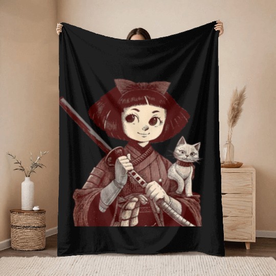 Chibi Samurai Warrior Cat Companion & Blossoms Throw Blankets
