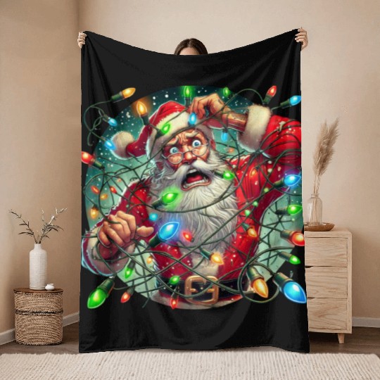Funny Christmas Santa: Tangled in Lights Throw Blankets