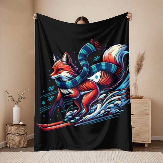 Fox Skiing Adventure in Winter Wonderland Throw Blankets
