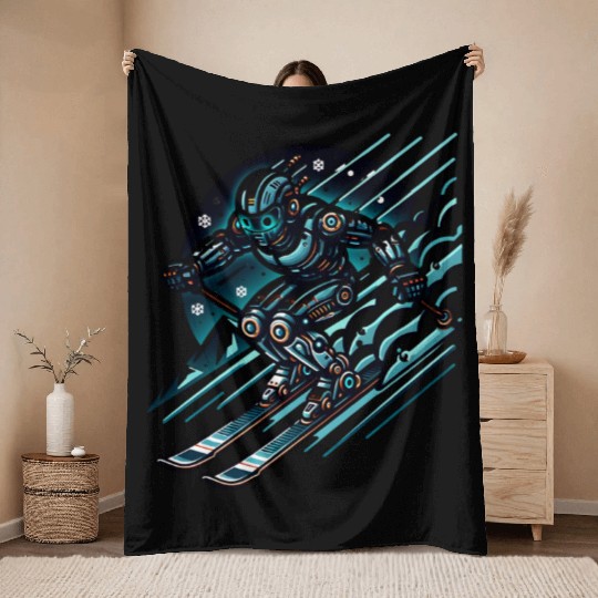 Futuristic Skiing Robot Adventure Throw Blankets