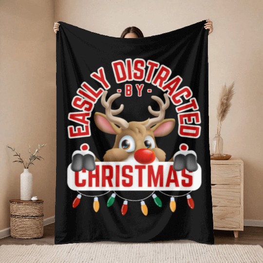 Reindeer in red distracted by Christmas Fun! Throw Blankets