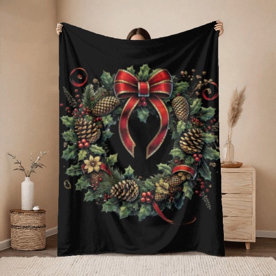 Rustic Christmas Wreath with Holly and Pine Cones Throw Blankets