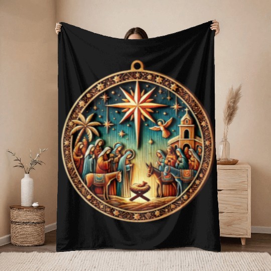 Christmas Nativity Scene Wooden Ornament Throw Blankets