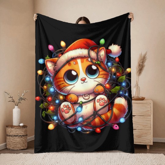 Whimsical Cat’s Christmas Lights Adventure Throw Blankets