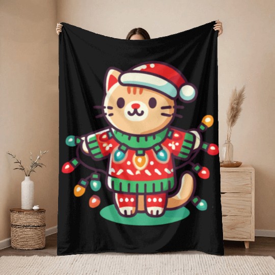 Christmas Cat With Fairy Lights Throw Blankets