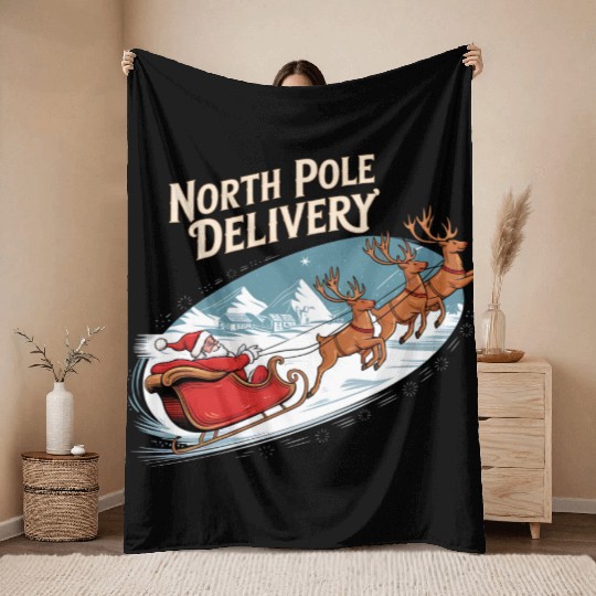 North Pole Delivery with Santa and Reindeer Throw Blankets