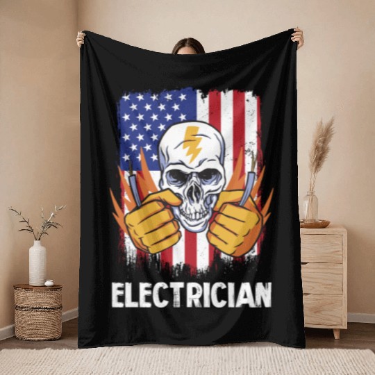 Electrician Skull with American Flag Background Throw Blankets