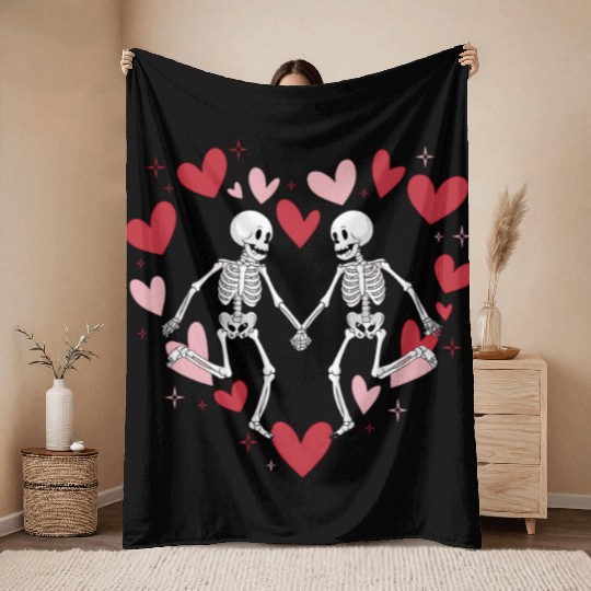 Coquette Valentine Dancing Skeleton Throw Blankets
