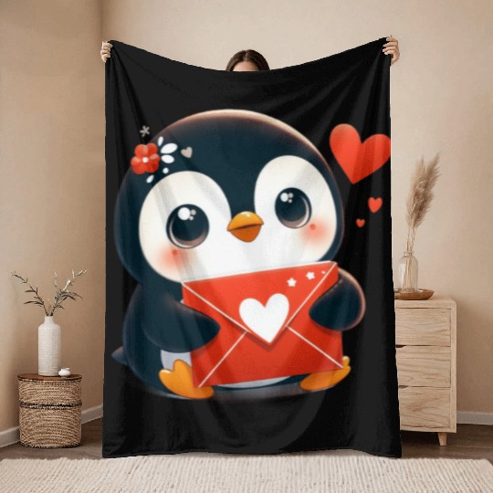 Penguin Valentine Mail with Heart Throw Blankets