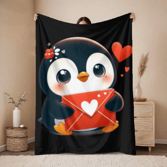 Penguin Valentine Mail with Heart Throw Blankets