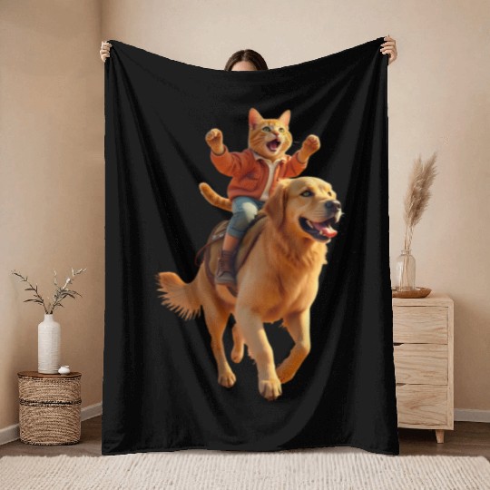 Funny Ginger Cat Riding Golden Retriever/Realistic Throw Blankets