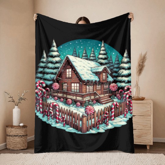 Candy Cane Cabin - Christmas Gifts Throw Blankets
