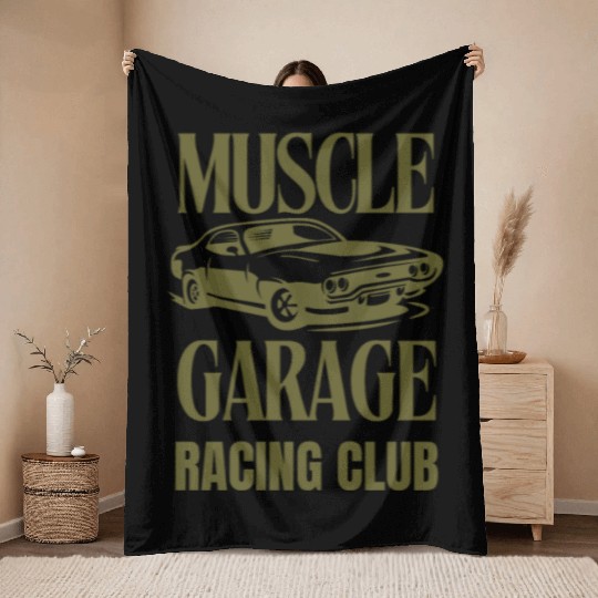 Muscle garage racing club Throw Blankets