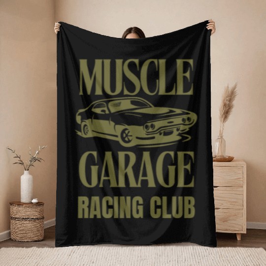 Muscle garage racing club Throw Blankets