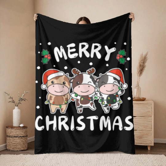 Merry Christmas Cute Cow Festive Lights Cow Throw Blankets