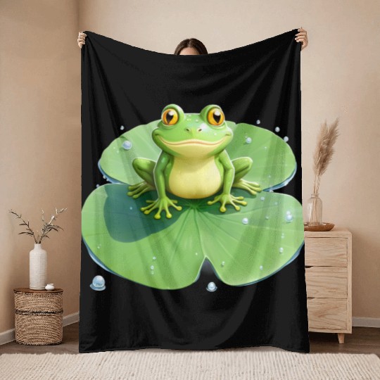 Cheerful Frog on Lily Pad Throw Blankets