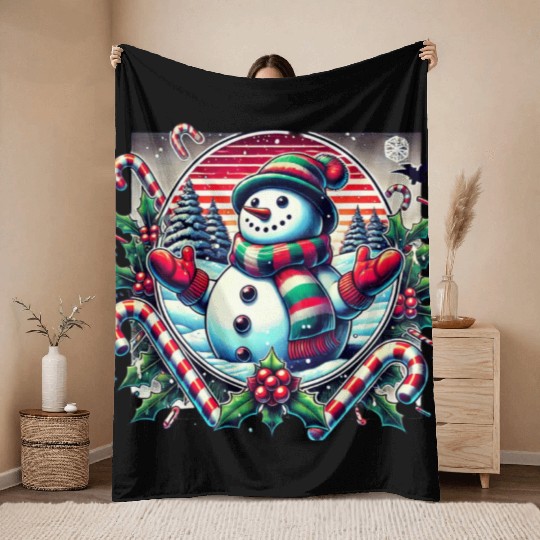 80s Christmas Snowman Delight Throw Blankets