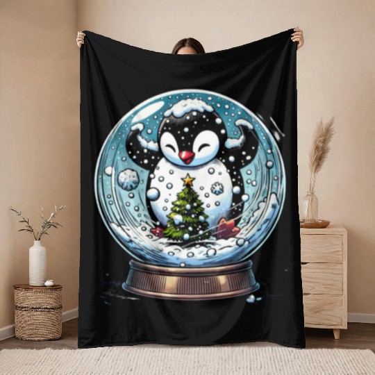 Penguin in a Snow Globe: Christmas Storm & Cheer Throw Blankets