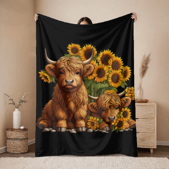 Cute Scottish Highland Cow Sunflower Farmer Throw Blankets