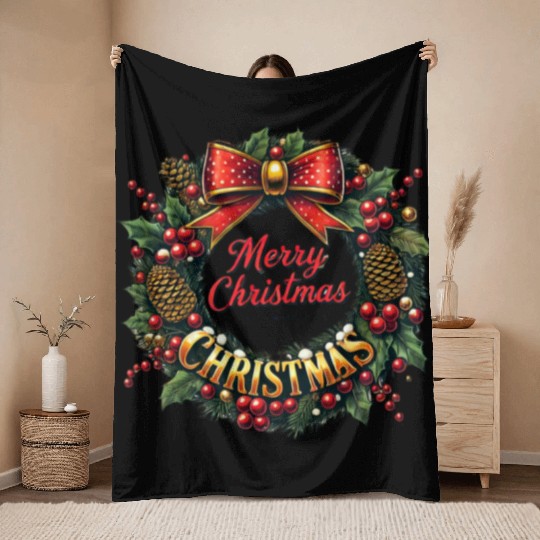 1950s Christmas Wreath - Vintage Holiday Cheer Throw Blankets