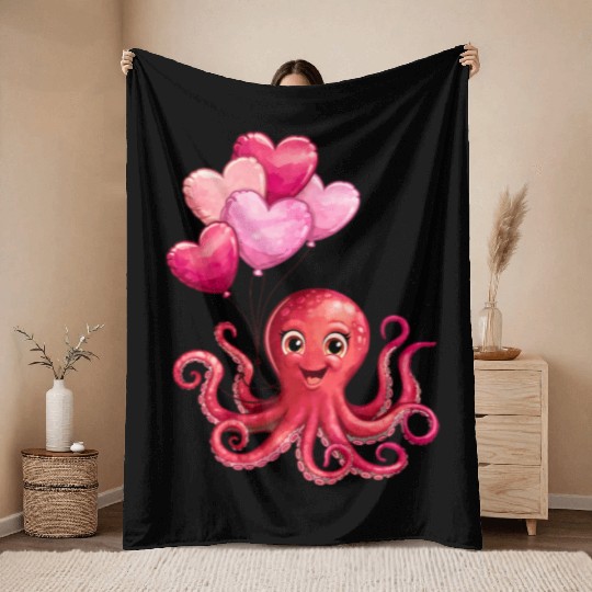 Octopus With Heart Balloons Valentines Day Octopus Throw Blankets