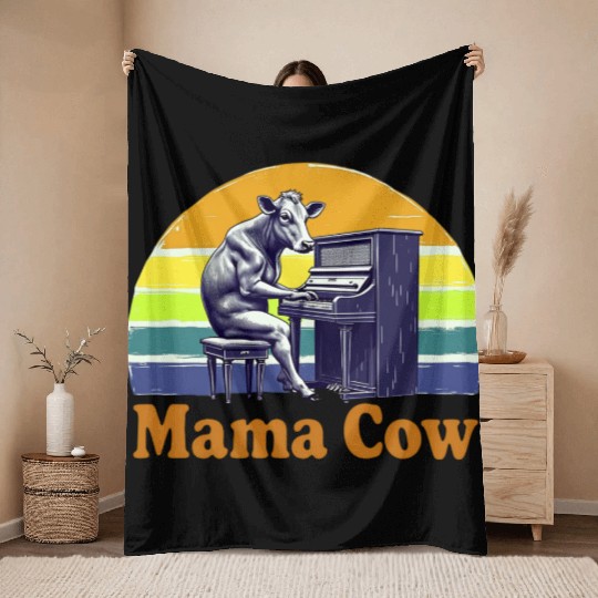 Mama Cow Playing Piano Retro Design Throw Blankets